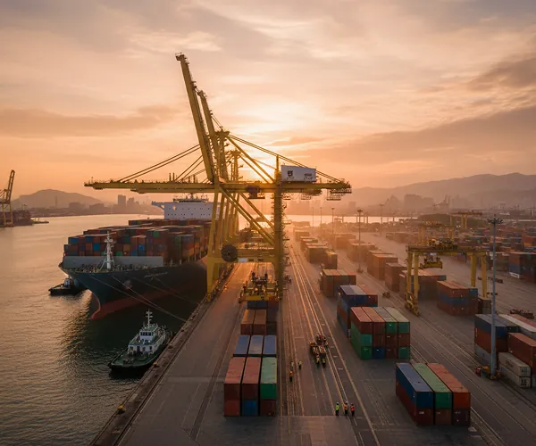 Cargo ship being loaded at a port terminal