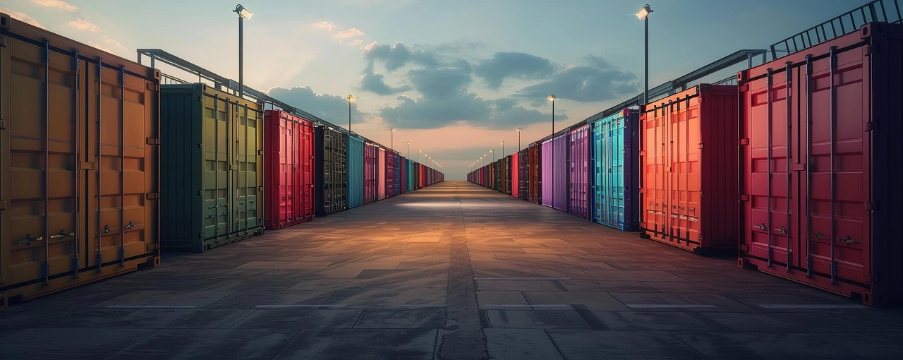 Rows of shipping containers lining a cargo yard at dusk