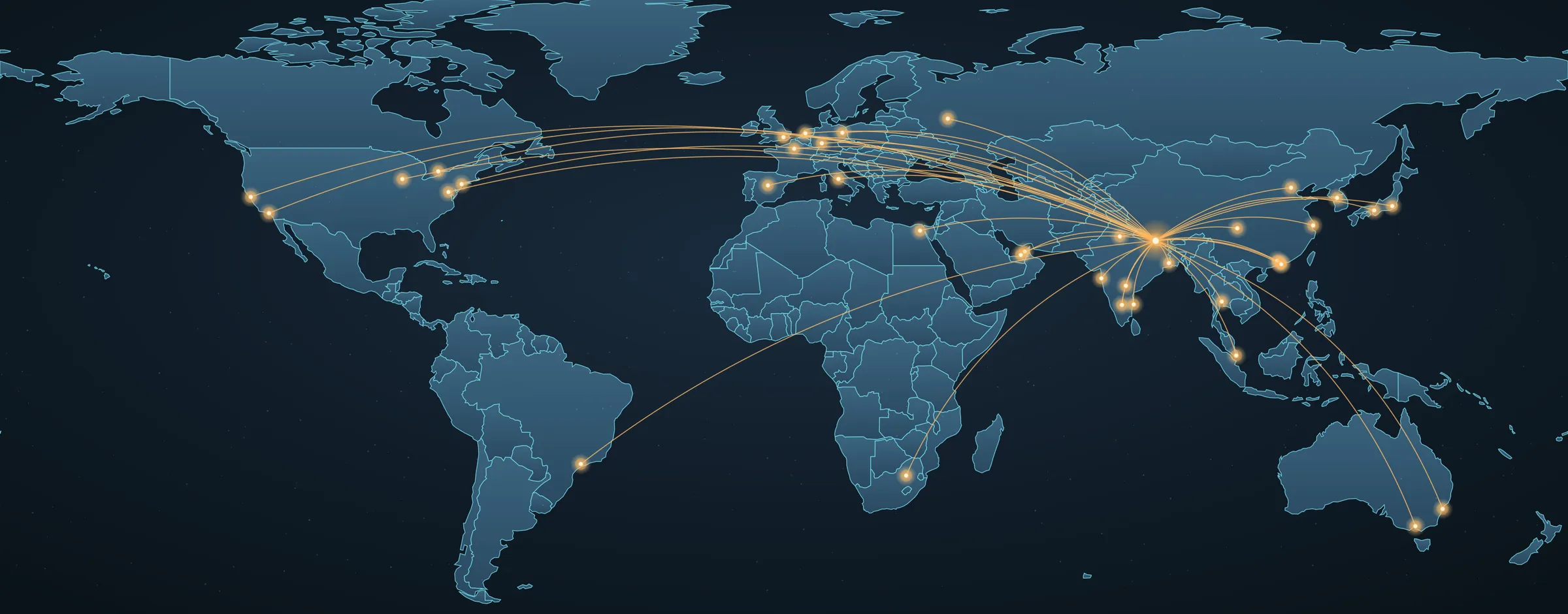 World map showing NeviStar logistics hubs connected by trade routes